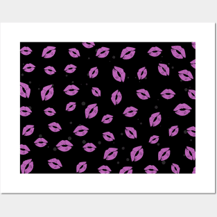 Purple Lipstick Kisses on Black Background Pattern Posters and Art